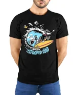 Stoopid Dog Surfing Shark Funny Surf Graphic T-Shirt - model wearing black tee with hands behind back