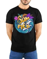 Summer Surf Wave Tropical Beach Vacation Graphic T-Shirt - model wearing black tee with hands behind back