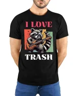 I Love Trash Funny Raccoon Guitar Retro Graphic T-Shirt - model wearing black tee with hands behind back