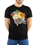 Skeleton Hand Ice Cream Summer Beach Sunset Graphic T-Shirt - model wearing black tee with hands behind back
