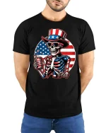 Patriotic Skeleton Uncle Sam 4th of July Graphic T-Shirt - model wearing black tee with hands behind back