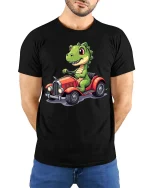 Funny Dinosaur Driving Car Cute Cartoon Dino Graphic T-Shirt - model wearing black tee with hands behind back