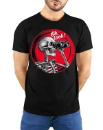 Oh Look Skeleton Binoculars Funny Sarcastic Graphic T-Shirt - model wearing black tee with hands behind back