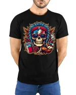 Hippie Skull Jam Band Psychedelic Music Graphic T-Shirt - model wearing black tee with hands behind back