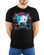 DJ Cat Headphones Music Lover Cute Cartoon Graphic T-Shirt - model wearing black tee with hands behind back