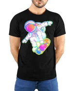 Astronaut Skateboard Neon Space Skater Graphic T-Shirt - model wearing black tee with hands behind back