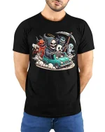 Funny Grim Reaper Ghost Demon Road Trip Graphic T-Shirt - model wearing black tee with hands behind back