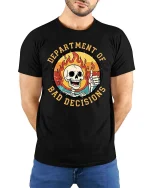 Department of Bad Decisions Funny Skeleton Graphic T-Shirt - model wearing black tee with hands behind back