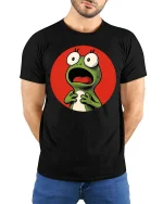 Funny Shocked Frog Cartoon Reaction Meme Graphic T-Shirt - model wearing black tee with hands behind back