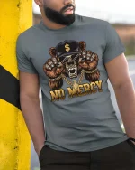No Mercy Gangster Bear Skull Streetwear Graphic T-Shirt - model wearing grey tee, leaning on column