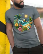Tropical Beach Sunset Palm Tree Summer Vacation T-Shirt - model wearing grey tee, leaning on column