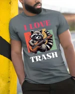I Love Trash Funny Raccoon Guitar Retro Graphic T-Shirt - model wearing grey tee, leaning on column