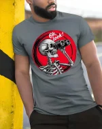 Oh Look Skeleton Binoculars Funny Sarcastic Graphic T-Shirt - model wearing grey tee, leaning on column
