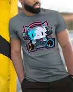 DJ Cat Headphones Music Lover Cute Cartoon Graphic T-Shirt - model wearing grey tee, leaning on column