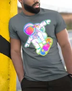 Astronaut Skateboard Neon Space Skater Graphic T-Shirt - model wearing grey tee, leaning on column