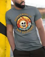 Department of Bad Decisions Funny Skeleton Graphic T-Shirt - model wearing grey tee, leaning on column