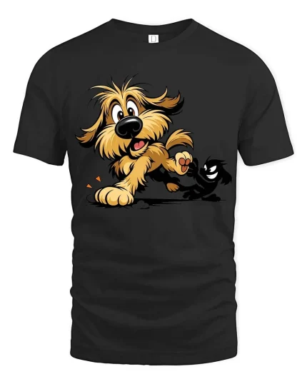 Funny Cartoon Dog Shadow Fight T-Shirt Cute Comic Graphic Tee - black t-shirt on white background