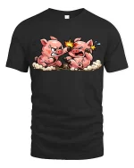 Funny Fighting Pigs Cartoon T-Shirt Cute Farm Animal Comic Tee - black t-shirt on white background
