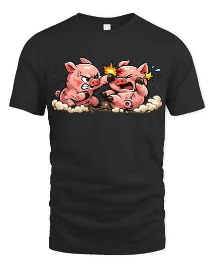 Funny Fighting Pigs Cartoon T-Shirt Cute Farm Animal Comic Tee - black t-shirt on white background