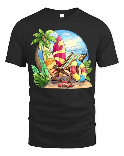Tropical Beach Vacation T-Shirt Summer Surf Paradise Graphic Tee - black t-shirt on white background