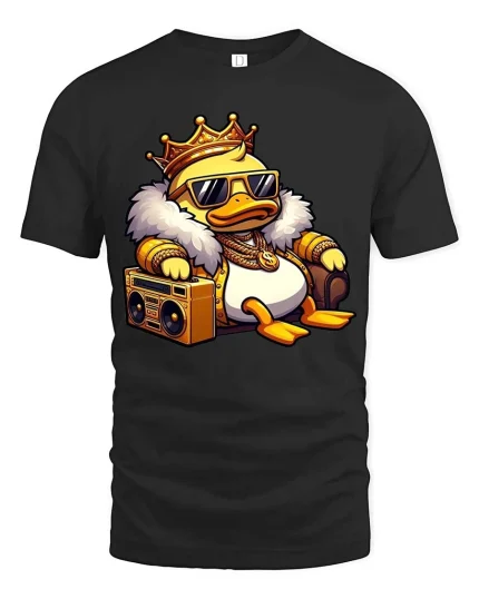 Cool King Duck Boombox T-Shirt Funny Hip Hop Cartoon Tee - black t-shirt on white background