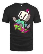 Skull Skater Cartoon T-Shirt Cool Skateboard Streetwear Tee - black t-shirt on white background
