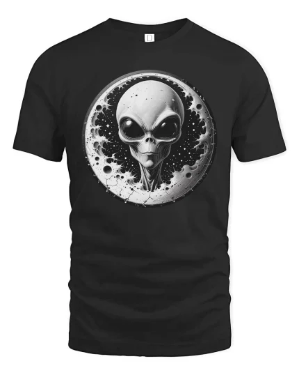 Alien Moon Graphic T-Shirt Cosmic UFO Space Sci-Fi Tee - black t-shirt on white background
