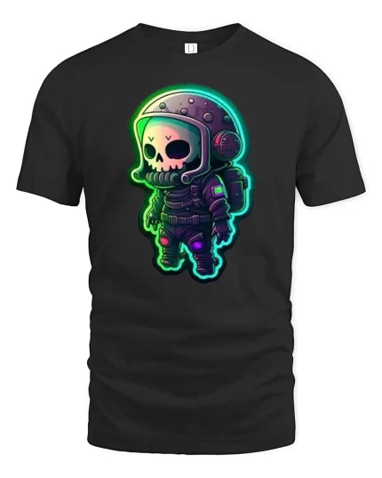 Neon Skull Astronaut T-Shirt Cute Space Sci-Fi Graphic Tee - black t-shirt on white background