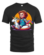 Cute Horror Doll Unicorn Float T-Shirt Funny Dark Humor Tee - black t-shirt on white background