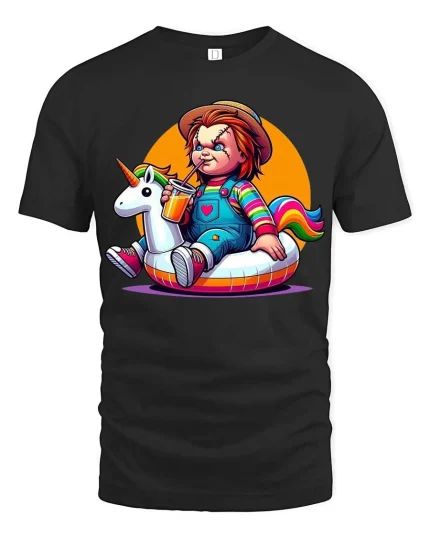 Cute Horror Doll Unicorn Float T-Shirt Funny Dark Humor Tee - black t-shirt on white background