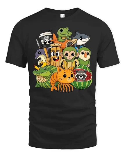 Cute Animal Friends Cartoon T-Shirt Funny Kids Style Graphic Tee - black t-shirt on white background