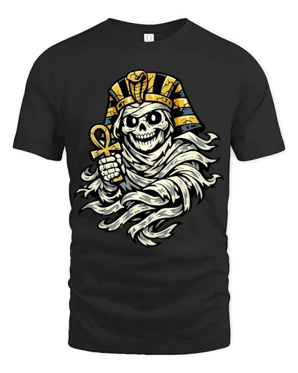 Pharaoh Skull Mummy T-Shirt Egyptian Horror Graphic Tee - black t-shirt on white background