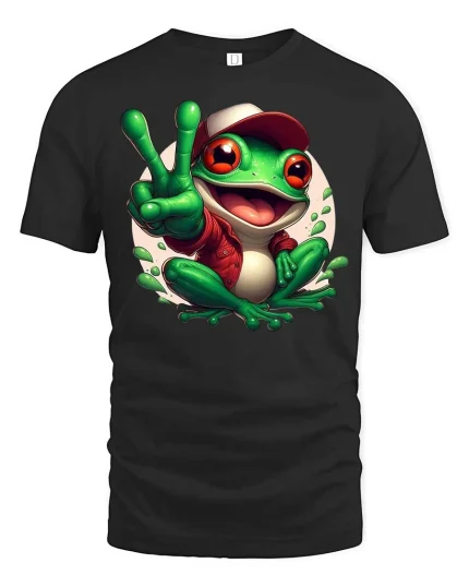 Peace Frog Cartoon T-Shirt Funny Cute Amphibian Graphic Tee - black t-shirt on white background