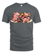 Funny Fighting Pigs Cartoon T-Shirt Cute Farm Animal Comic Tee - gray t-shirt on white background