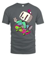 Skull Skater Cartoon T-Shirt Cool Skateboard Streetwear Tee - gray t-shirt on white background