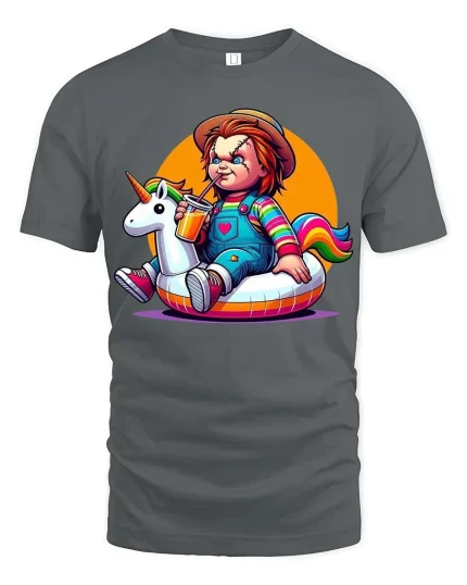 Cute Horror Doll Unicorn Float T-Shirt Funny Dark Humor Tee - gray t-shirt on white background