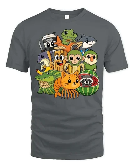 Cute Animal Friends Cartoon T-Shirt Funny Kids Style Graphic Tee - gray t-shirt on white background