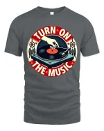 Turn On The Music Vintage Vinyl Record T-Shirt Retro DJ Tee - gray t-shirt on white background