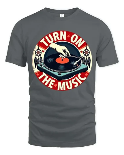 Turn On The Music Vintage Vinyl Record T-Shirt Retro DJ Tee - gray t-shirt on white background