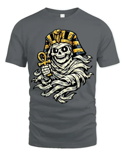 Pharaoh Skull Mummy T-Shirt Egyptian Horror Graphic Tee - gray t-shirt on white background