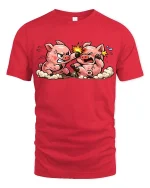 Funny Fighting Pigs Cartoon T-Shirt Cute Farm Animal Comic Tee - red t-shirt on white background