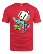 Skull Skater Cartoon T-Shirt Cool Skateboard Streetwear Tee - red t-shirt on white background