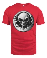 Alien Moon Graphic T-Shirt Cosmic UFO Space Sci-Fi Tee - red t-shirt on white background