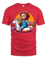 Cute Horror Doll Unicorn Float T-Shirt Funny Dark Humor Tee - red t-shirt on white background