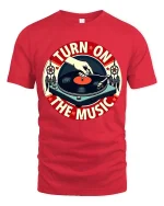 Turn On The Music Vintage Vinyl Record T-Shirt Retro DJ Tee - red t-shirt on white background