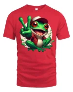 Peace Frog Cartoon T-Shirt Funny Cute Amphibian Graphic Tee - red t-shirt on white background