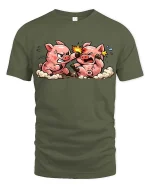 Funny Fighting Pigs Cartoon T-Shirt Cute Farm Animal Comic Tee - military green t-shirt on white background