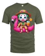 Funny Clown Summer Vacation T-Shirt Flamingo Pool Party Tee - military green t-shirt on white background