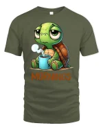 Funny Morning Turtle Coffee T-Shirt Cute Lazy Mood Tee - military green t-shirt on white background