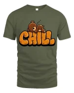 Chill Sleeping Bear T-Shirt Cute Relaxing Mood Graphic Tee - military green t-shirt on white background